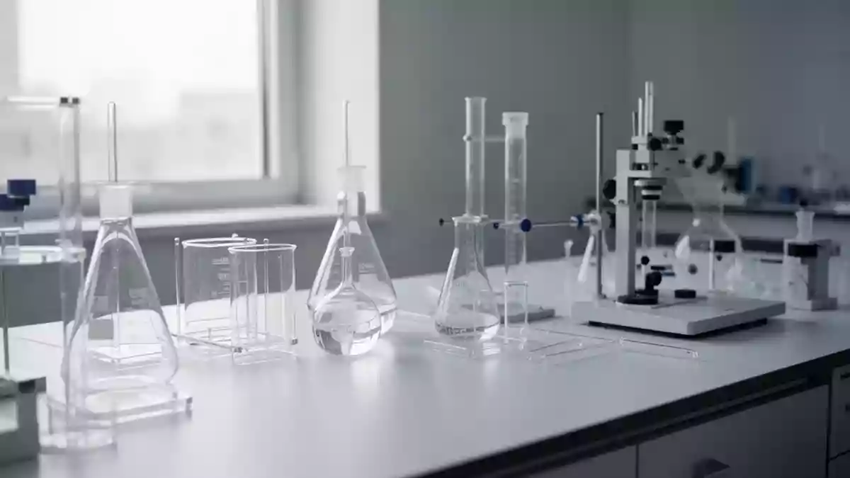 Ein steriler, minimalistischer Laborarbeitsplatz mit wissenschaftlichen Glasgeräten in natürlichem Licht. Illustration mit AI erstellt.