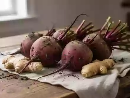 Frische Rote Bete und eine Ingwerwurzel auf einem Holztisch bei natürlichem Licht. - Foto: über boerse-global.de
