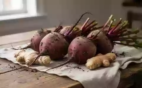 Frische Rote Bete und eine Ingwerwurzel auf einem Holztisch bei natürlichem Licht. - Foto: über boerse-global.de
