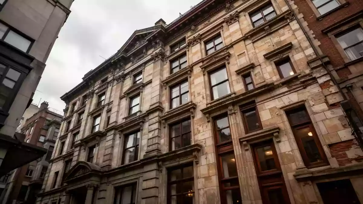 Fassade eines historischen Wohnhauses in einer städtischen Wohngegend bei bewölktem Himmel. Illustration mit AI erstellt.