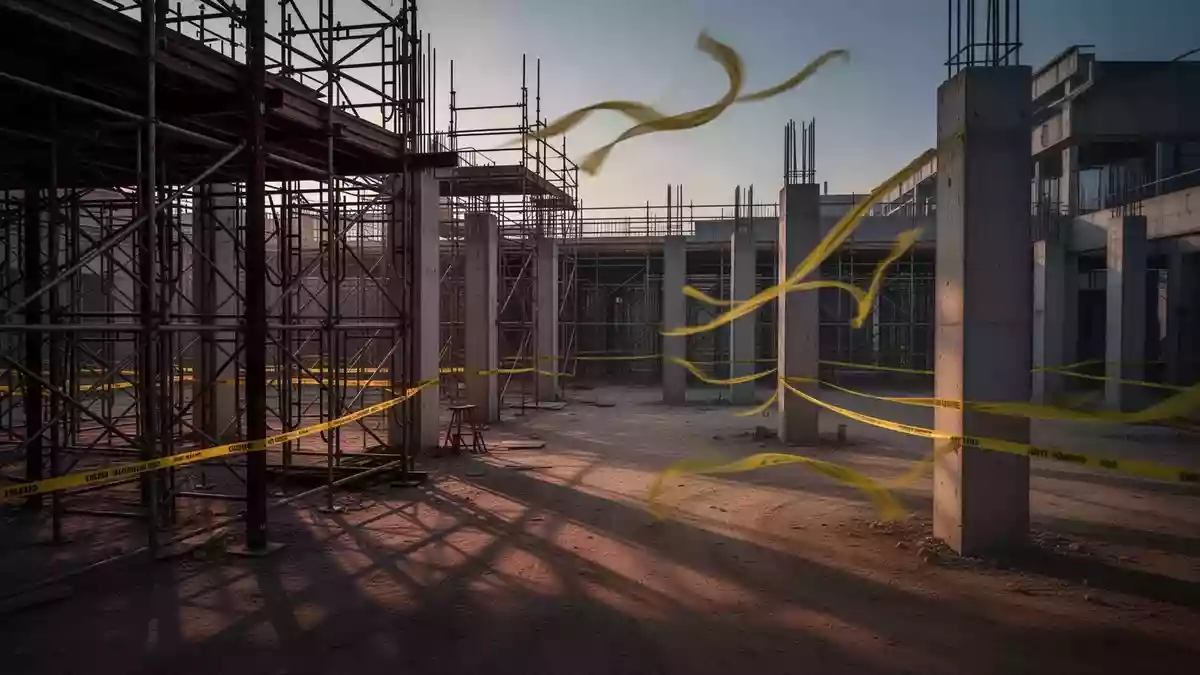 Eine leere, moderne Baustelle mit Stahlgerüsten und Betonpfeilern in der Dämmerung. Illustration mit AI erstellt.