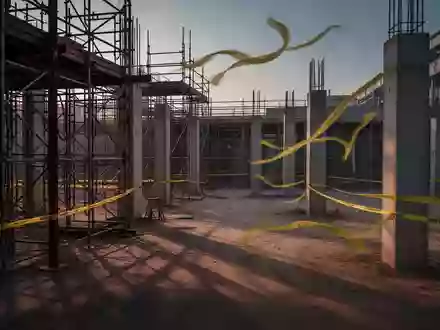 Eine leere, moderne Baustelle mit Stahlgerüsten und Betonpfeilern in der Dämmerung. - Foto: über boerse-global.de