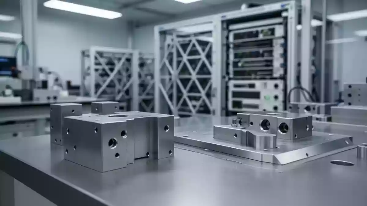 Ein steriles, hochtechnologisches Industrielabor mit metallischen Oberflächen und präzisen technischen Strukturen. Illustration mit AI erstellt.