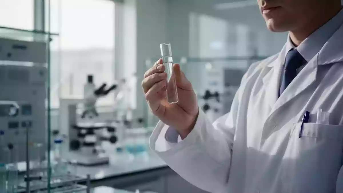 Ein Wissenschaftler hält eine Glasampulle in einem modernen, hellen Labor. Illustration mit AI erstellt.