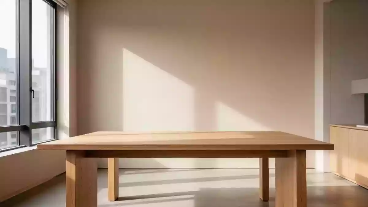 Ein minimalistisch gestalteter, heller Arbeitsbereich mit einem leeren Holztisch in einem ruhigen Raum. Illustration mit AI erstellt.