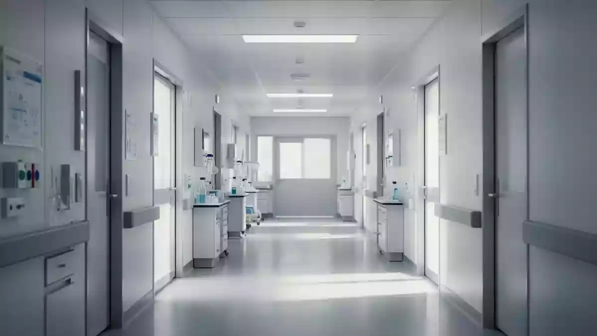 Ein minimalistischer, heller Klinikflur mit moderner Architektur und sachlicher Atmosphäre. Illustration mit AI erstellt.
