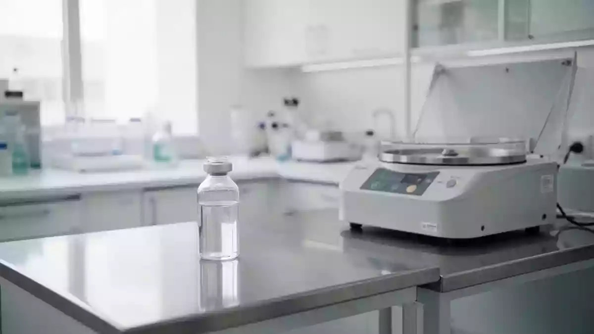 Ein steriler, modern eingerichteter medizinischer Laborraum mit hellen Oberflächen und hochwertiger Ausstattung. Illustration mit AI erstellt.