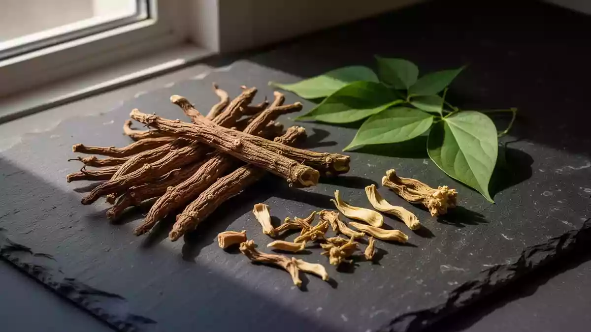 Getrocknete Gastrodia elata Wurzeln und Pueraria lobata Pflanzenteile auf einer dunklen Steinoberfläche. Illustration mit AI erstellt.