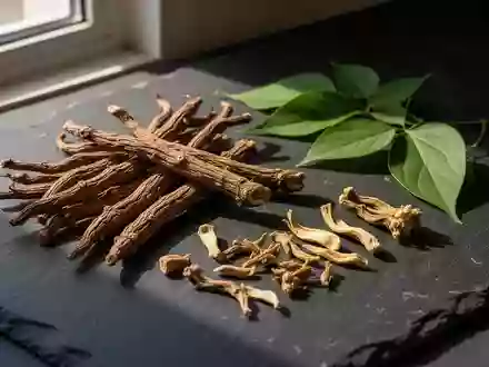 Getrocknete Gastrodia elata Wurzeln und Pueraria lobata Pflanzenteile auf einer dunklen Steinoberfläche. - Foto: über boerse-global.de