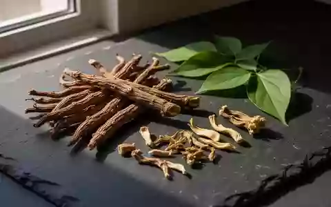 Getrocknete Gastrodia elata Wurzeln und Pueraria lobata Pflanzenteile auf einer dunklen Steinoberfläche. - Foto: über boerse-global.de