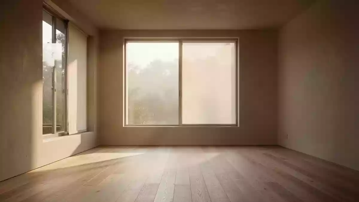 Ein minimalistischer, leerer Raum mit hellem Holzboden, der von sanftem Morgenlicht durchflutet wird. Illustration mit AI erstellt.
