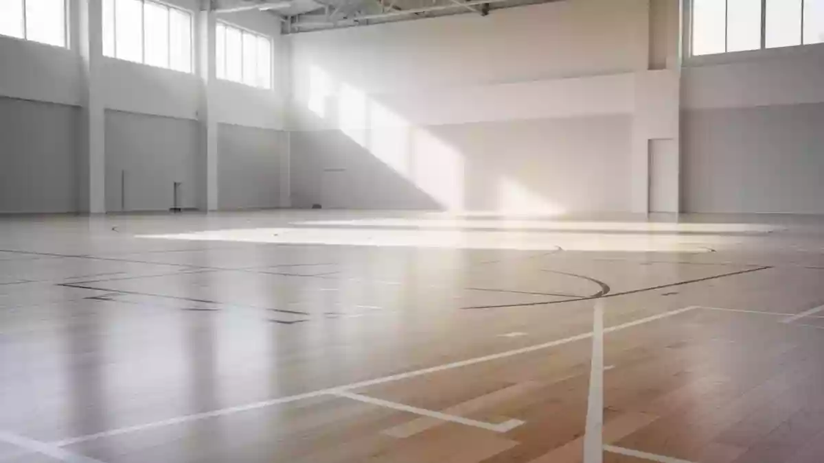 Ein heller, leerer Sportraum mit hellem Holzboden und einfallendem Tageslicht. Illustration mit AI erstellt.