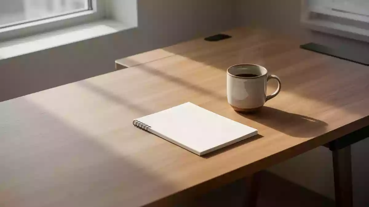Ein minimalistischer, leerer Schreibtisch in sanftem Morgenlicht mit einer Kaffeetasse und einem Notizbuch. Illustration mit AI erstellt.