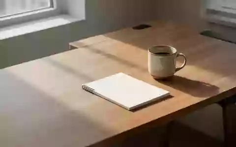 Ein minimalistischer, leerer Schreibtisch in sanftem Morgenlicht mit einer Kaffeetasse und einem Notizbuch. - Foto: über boerse-global.de