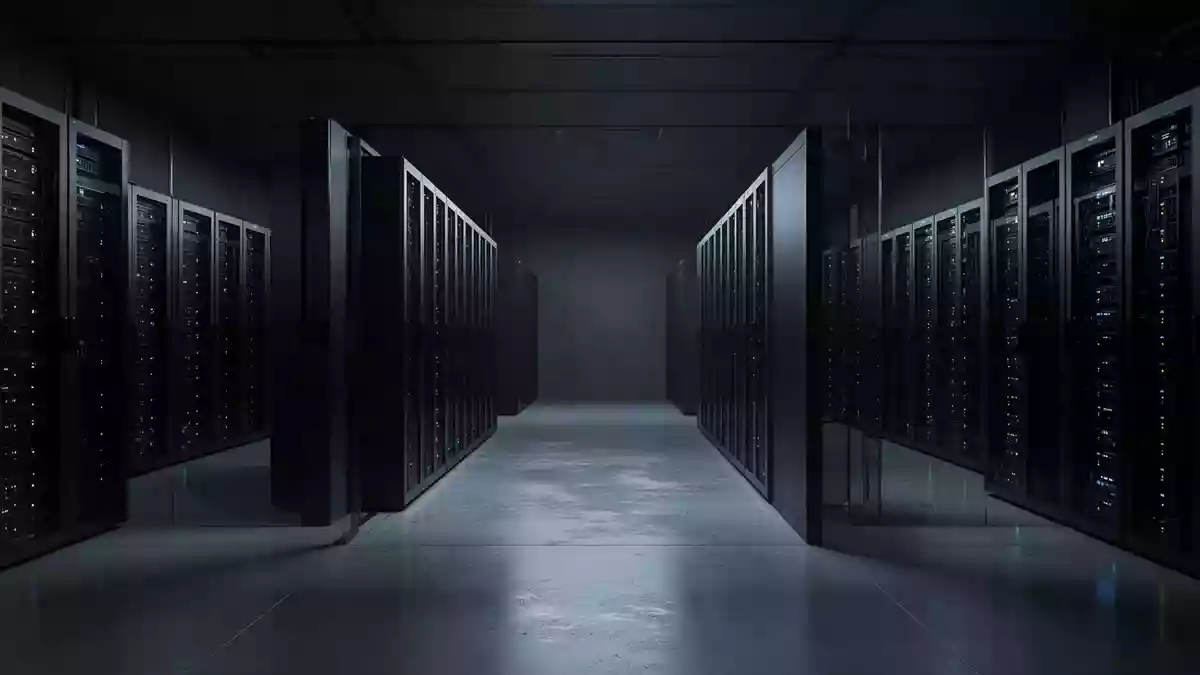 Ein dunkler, moderner Serverraum mit unbeleuchteten Server-Racks in einer minimalistischen industriellen Umgebung. Illustration mit AI erstellt.
