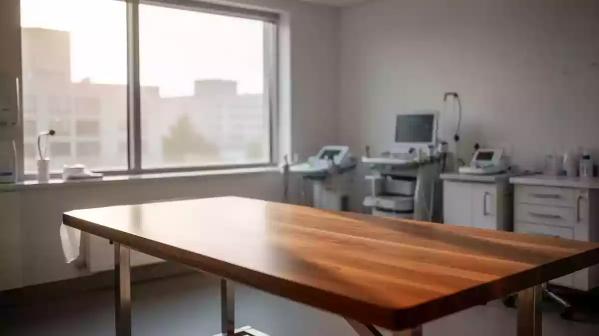Ein heller, moderner medizinischer Behandlungsraum mit natürlichem Licht in einer klinischen Umgebung. Illustration mit AI erstellt.