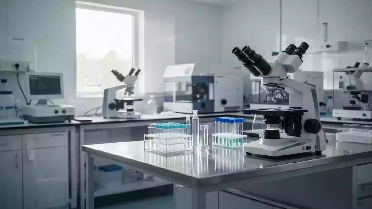 Ein modernes, steriles klinisches Labor mit hochwertigen Analysegeräten und Glasbehältern auf einem Edelstahltisch. Illustration mit AI erstellt.