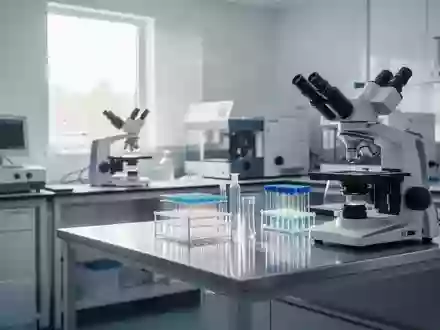 Ein modernes, steriles klinisches Labor mit hochwertigen Analysegeräten und Glasbehältern auf einem Edelstahltisch. - Foto: über boerse-global.de