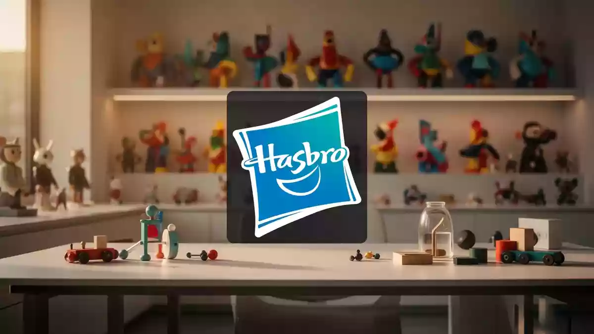 Modernes Designstudio für Spielzeug mit unscharfen, bunten Sammlerstücken im Hintergrund und sanfter, warmer Beleuchtung. Illustration mit AI erstellt.