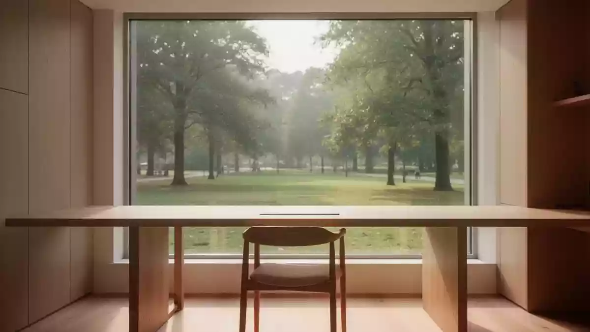 Ein minimalistisch gestalteter, leerer Arbeitsbereich mit einem Holztisch vor einem Fenster mit Blick ins Grüne. Illustration mit AI erstellt.