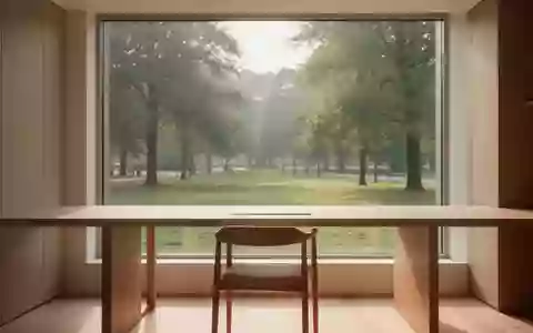 Ein minimalistisch gestalteter, leerer Arbeitsbereich mit einem Holztisch vor einem Fenster mit Blick ins Grüne. - Foto: über boerse-global.de