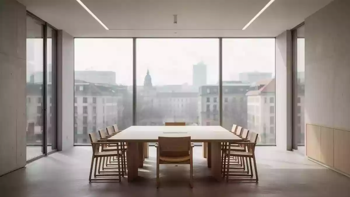 Moderner, heller Konferenzraum in einem Berliner Regierungsgebäude mit Blick auf die Stadt. Illustration mit AI erstellt.