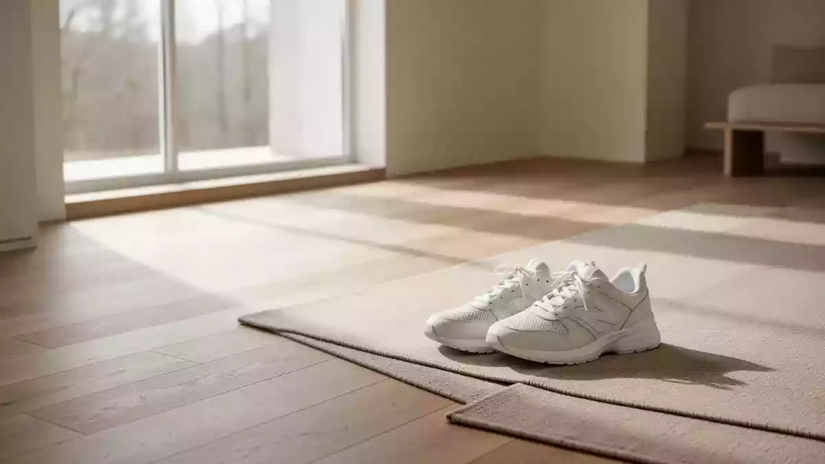 Ein minimalistischer, sonnendurchfluteter Raum mit einem Paar Sportschuhe auf einem Teppichboden. Illustration mit AI erstellt.