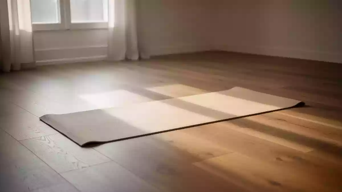 Eine leere Yogamatte liegt in einem ruhigen, sonnendurchfluteten Raum auf einem Holzboden. Illustration mit AI erstellt.