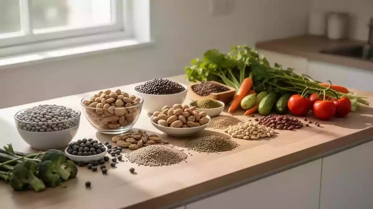 Verschiedene gesunde, unverarbeitete Lebensmittel wie Hülsenfrüchte, Nüsse und frisches Gemüse auf einer Holzküchenplatte. Illustration mit AI erstellt.