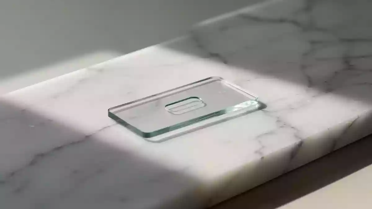 Ein steriler Laborobjektträger auf einer weißen Steinoberfläche in einem medizinischen Umfeld. Illustration mit AI erstellt.