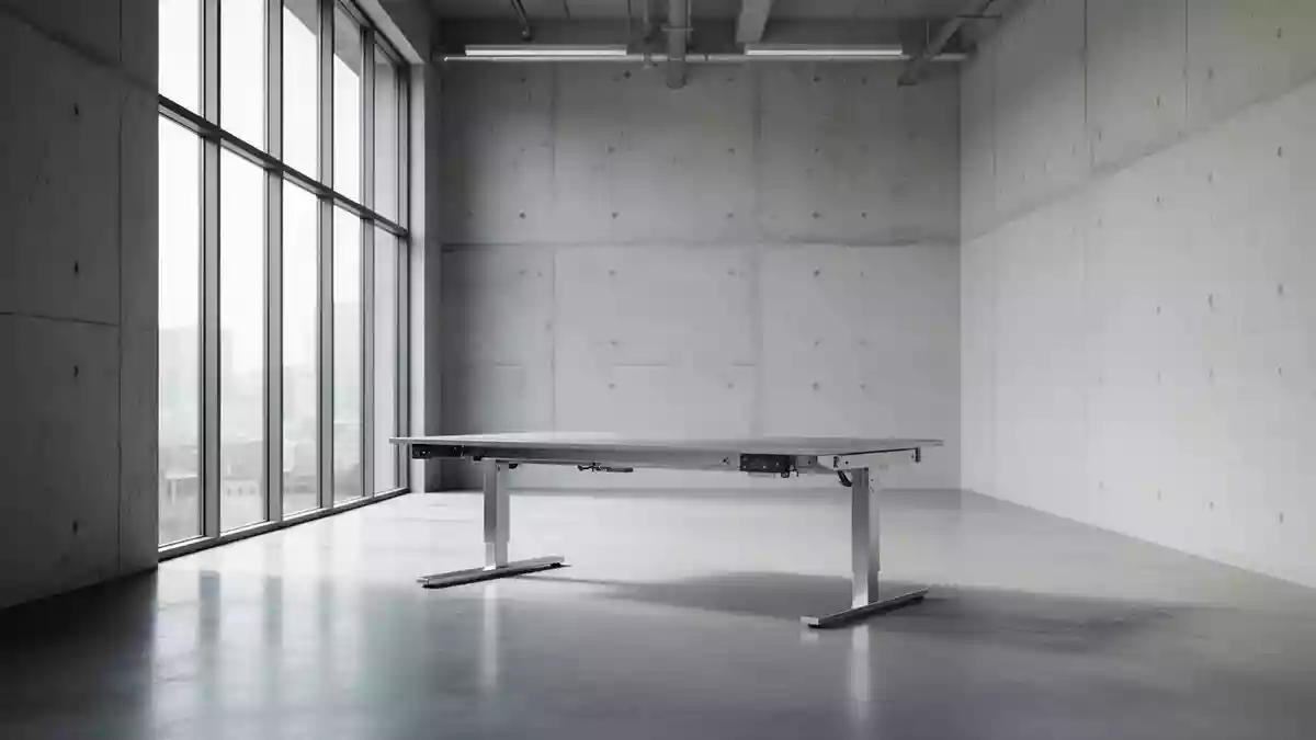 Ein minimalistischer, moderner Arbeitsbereich in einem industriellen Studio mit hohen Decken und natürlichem Lichteinfall. Illustration mit AI erstellt.