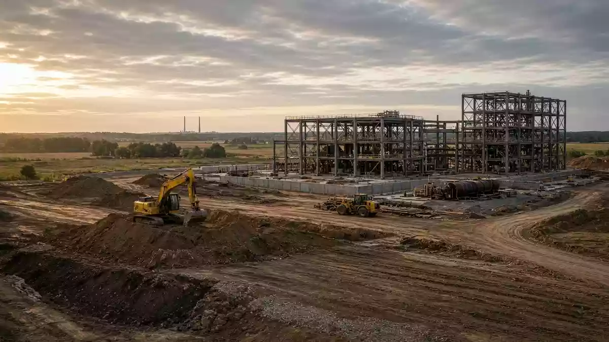 Industriegelände einer Lithium-Fabrik auf einer Baustelle in Brandenburg bei Sonnenuntergang. Illustration mit AI erstellt.