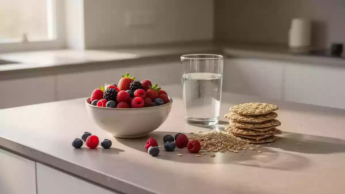 Eine minimalistische Küchentheke mit frischen Beeren und Vollkornzutaten in natürlichem Morgenlicht. Illustration mit AI erstellt.