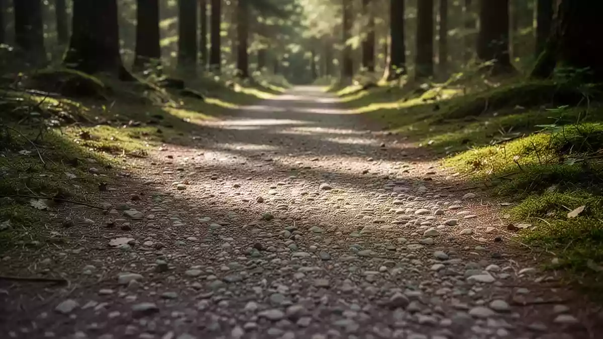 Ein naturbelassener Waldweg mit Kies und Moos als Symbol für gelenkschonende Bewegung und Prävention von Kniebeschwerden. Illustration mit AI erstellt.