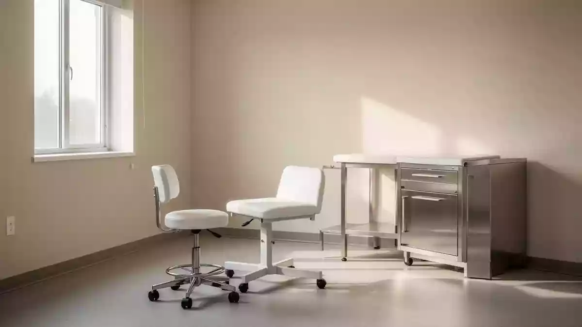 Ein helles, minimalistisches Behandlungszimmer in einer Arztpraxis mit medizinischem Mobiliar in ruhiger Atmosphäre. Illustration mit AI erstellt.