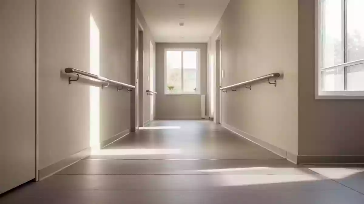 Ein heller, moderner Flur in einem Wohngebäude mit barrierefreiem Boden und einem stabilen Handlauf an der Wand. Illustration mit AI erstellt.