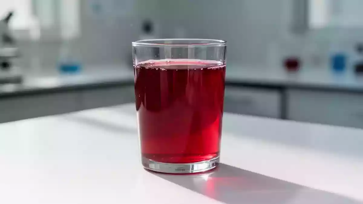 Ein Glas mit tiefrotem Cranberrysaft auf einer sauberen, hellen Laboroberfläche bei natürlichem Licht. Illustration mit AI erstellt.
