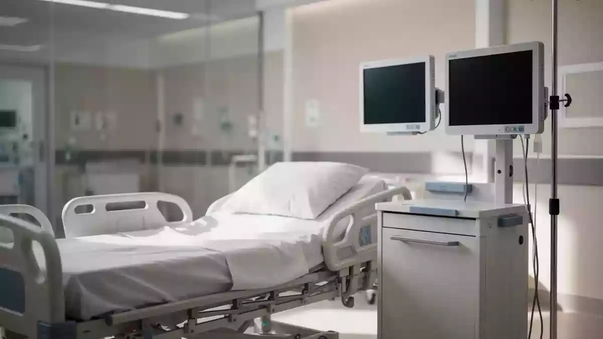 Ein leeres, steriles Krankenhausbett in einem modernen, hellen Intensivzimmer ohne medizinisches Personal oder aktive Geräte. Illustration mit AI erstellt.