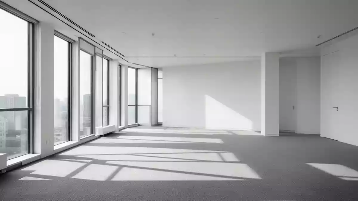 Ein leeres, modernes Großraumbüro mit großen Fenstern und neutralem Bodenbelag in einem hellen, architektonischen Stil. Illustration mit AI erstellt.
