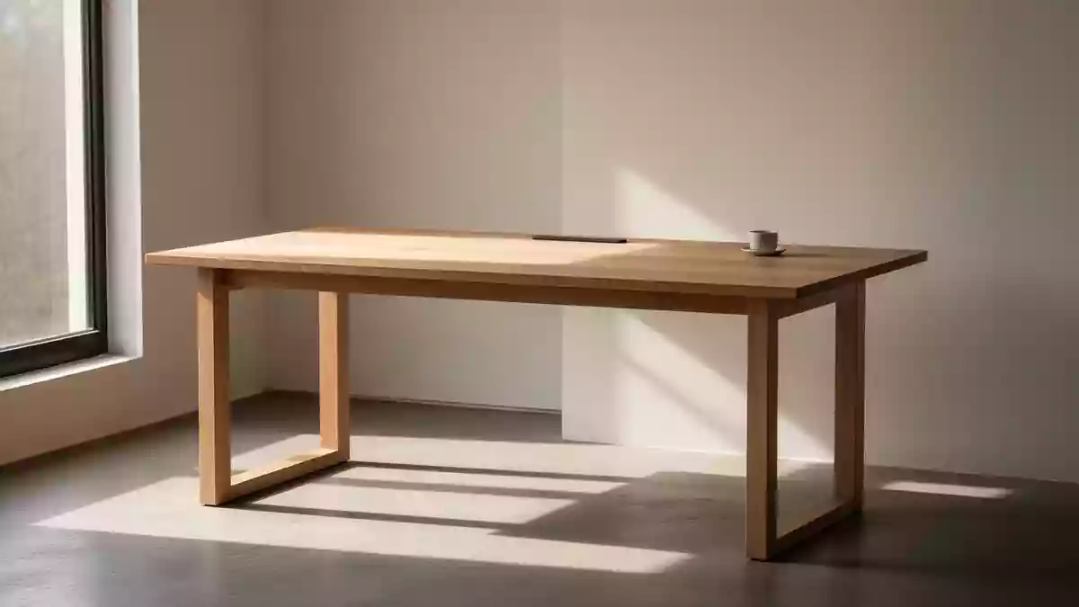 Ein minimalistischer, aufgeräumter Arbeitsbereich in einem hellen Raum mit natürlichem Lichteinfall. Illustration mit AI erstellt.