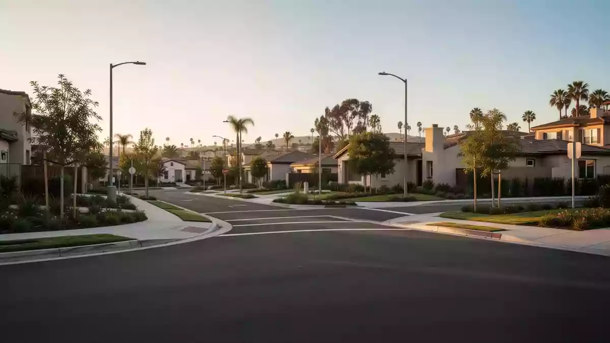 Eine ruhige Wohnstraße in San Diego bei Sonnenuntergang mit asphaltierten Wegen und grüner Bepflanzung. Illustration mit AI erstellt.