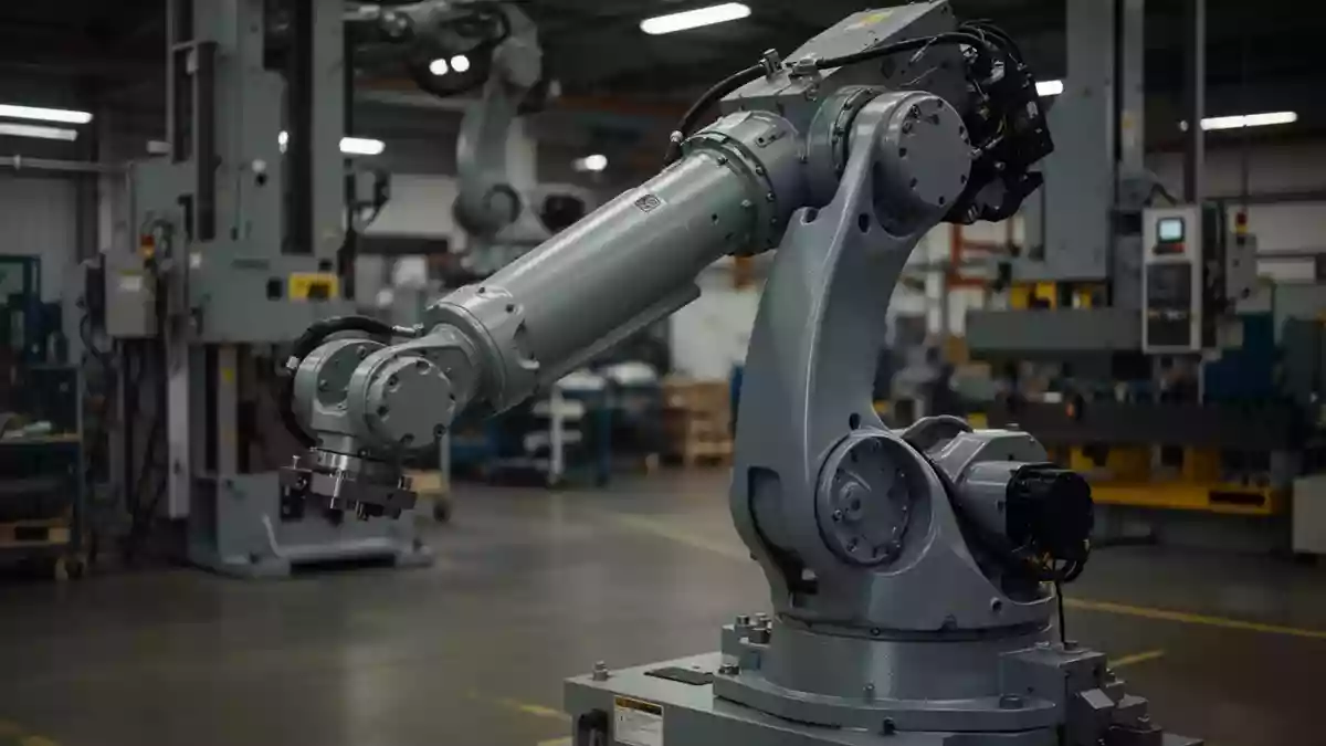 Industrielle Fertigungsanlage mit einem massiven Roboterarm in einer modernen Werkshalle. Illustration mit AI erstellt.
