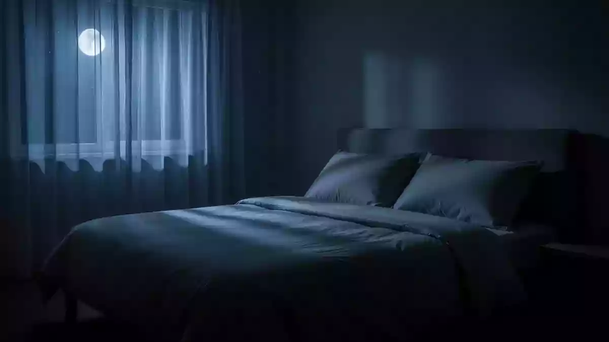 Ein ruhig wirkendes, in sanftes blaues Mondlicht getauchtes Schlafzimmer bei Nacht mit einem unbenutzten, ordentlich gemachten Bett. Illustration mit AI erstellt.
