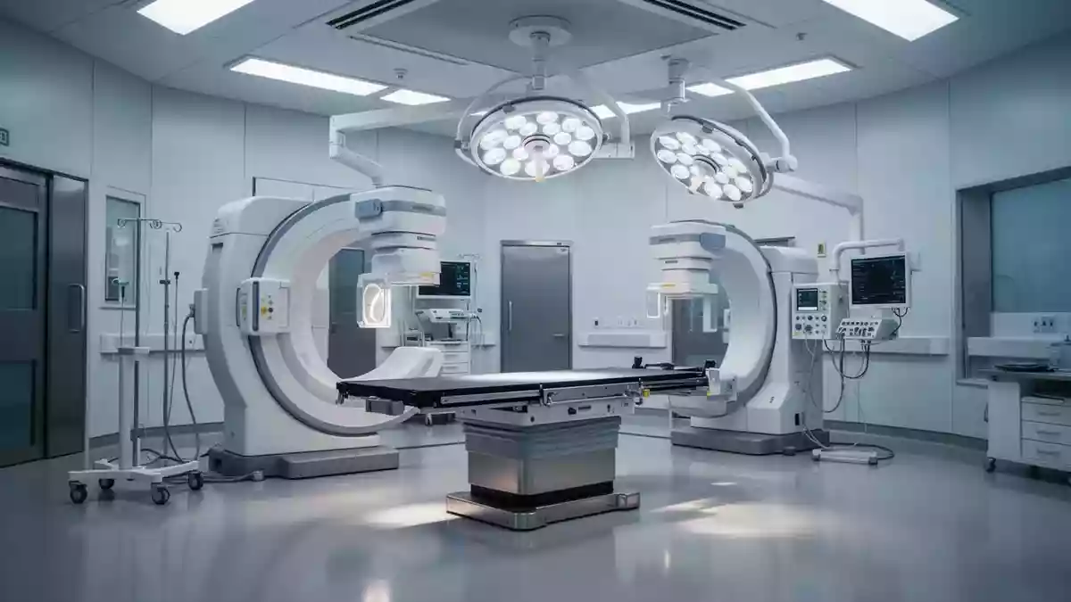 Ein moderner, steriler Behandlungsraum in einer Klinik mit hochwertiger medizinischer Ausstattung. Illustration mit AI erstellt.