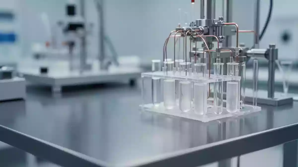 Ein steriler, hochmoderner Laborarbeitsplatz mit feinmechanischen Versuchsaufbauten und Glasgeräten in einer klinischen Umgebung. Illustration mit AI erstellt.