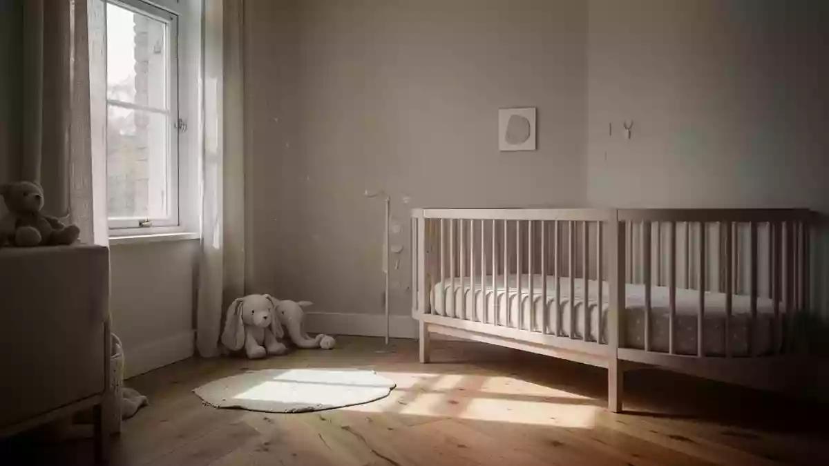 Minimalistisch eingerichtetes Kinderzimmer mit sanftem Tageslichteinfall auf einem Holzboden. Illustration mit AI erstellt.