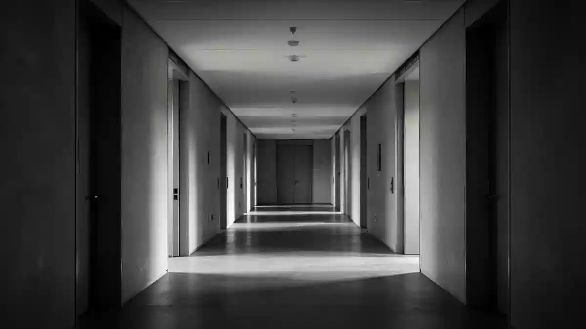 Ein langer, minimalistischer Flur in einem Regierungsgebäude mit symmetrischer Architektur und natürlichem Lichteinfall. Illustration mit AI erstellt.
