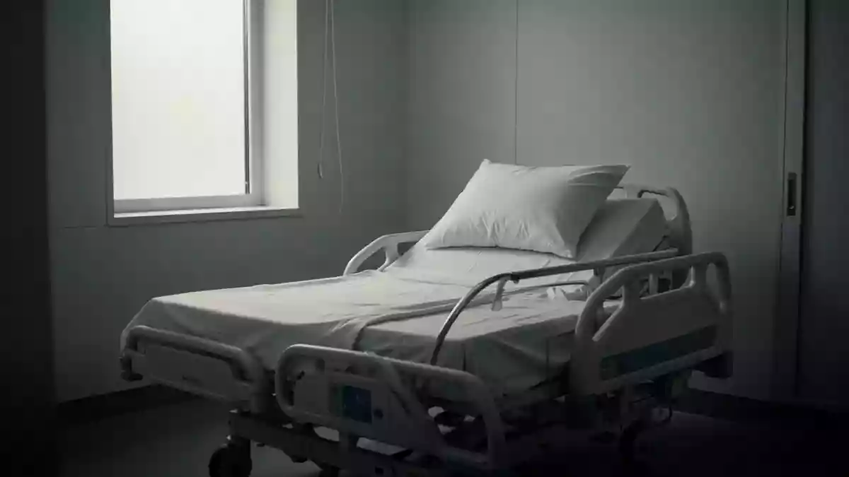 Ein leeres, ordentlich gemachtes Krankenhausbett in einem minimalistischen, ruhig beleuchteten Schlaflabor. Illustration mit AI erstellt.