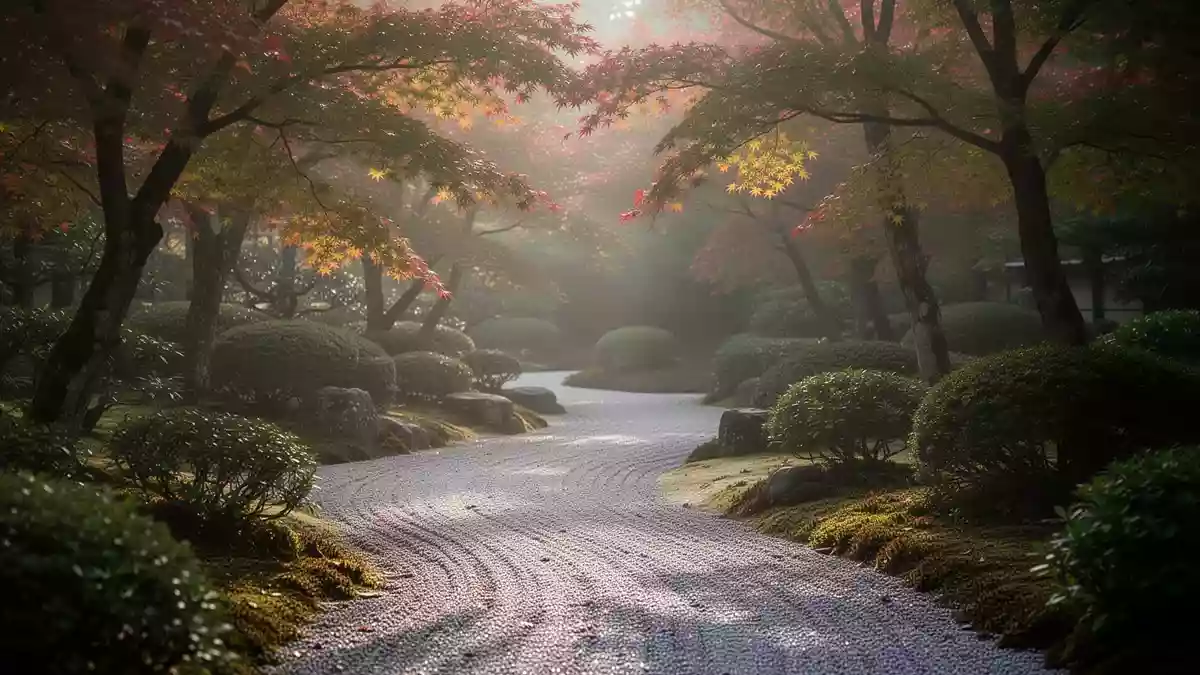 Ein ruhiger Kiesweg in einem japanischen Garten bei Morgenlicht. Illustration mit AI erstellt.