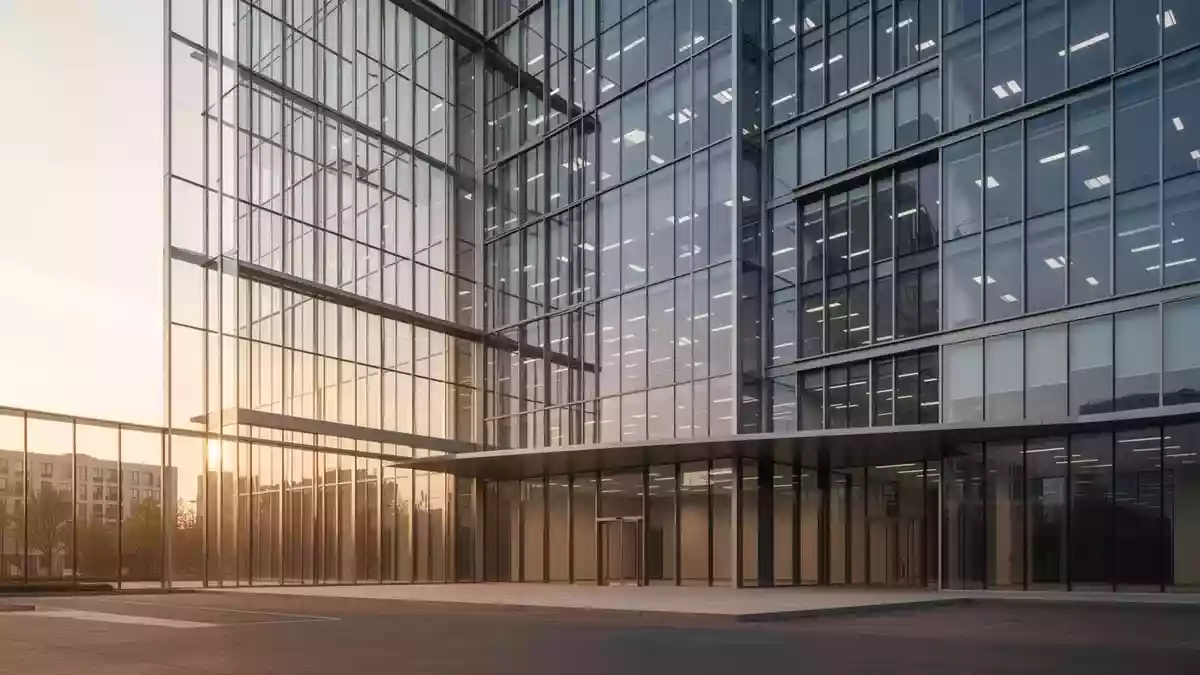 Moderne Glasfassade eines leeren Bürogebäudes bei Sonnenuntergang als Symbol für den Immobilienmarkt. Illustration mit AI erstellt.